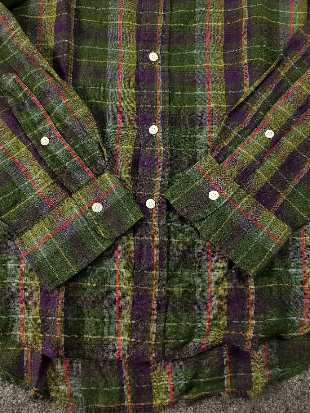 Polo Ralph Lauren Indian Madras Plaid 100% Linen XL Green Purple Long Sleeve NEW
